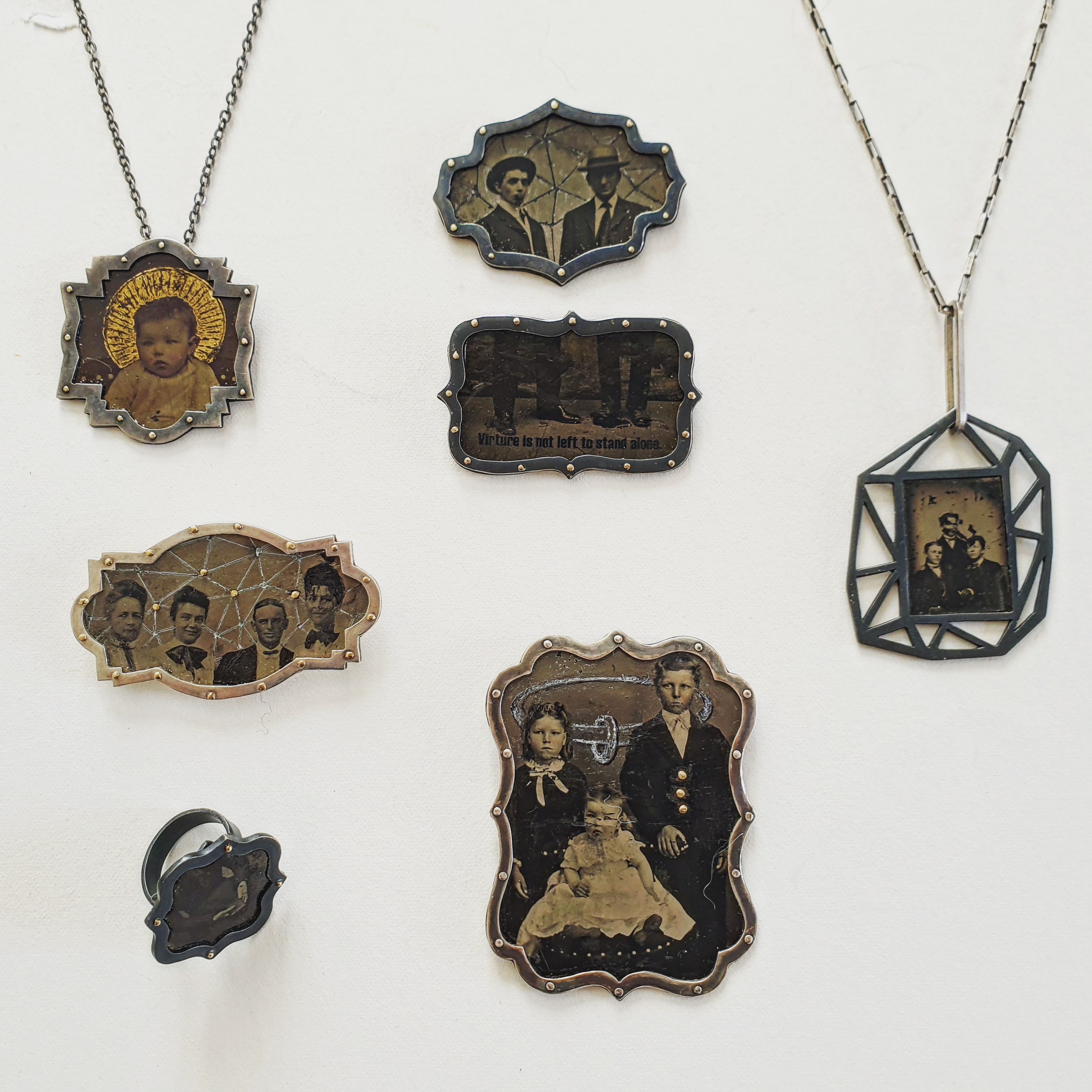 Tintype jewelry pieces in sterling silver and 18k gold by Naomi Muirhead